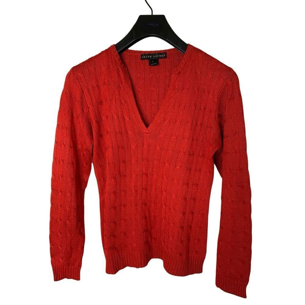 Ralph Lauren black label 100% silk v neck cable knit sweater red women's large